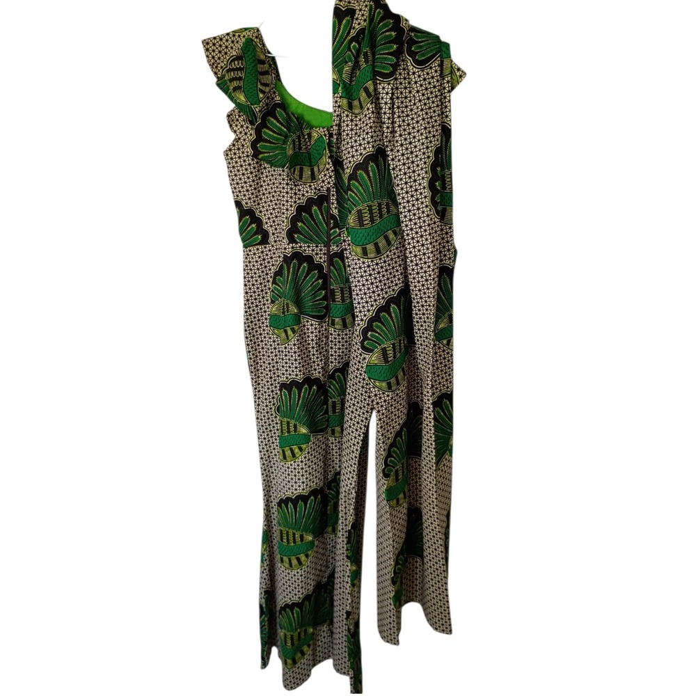 Handmade African Vlisco Wax Maxi Dress Scarf Open Crown Hat 3pc Green